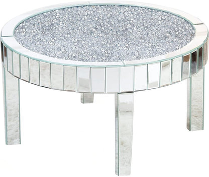 31" Silver Mirrored Glass and Faux Crystal Round Coffee Table