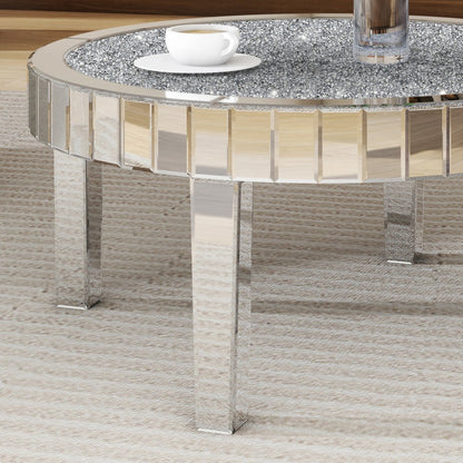 31" Silver Mirrored Glass and Faux Crystal Round Coffee Table