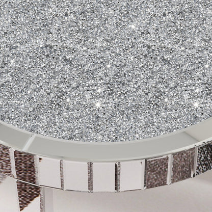 31" Silver Mirrored Glass and Faux Crystal Round Coffee Table