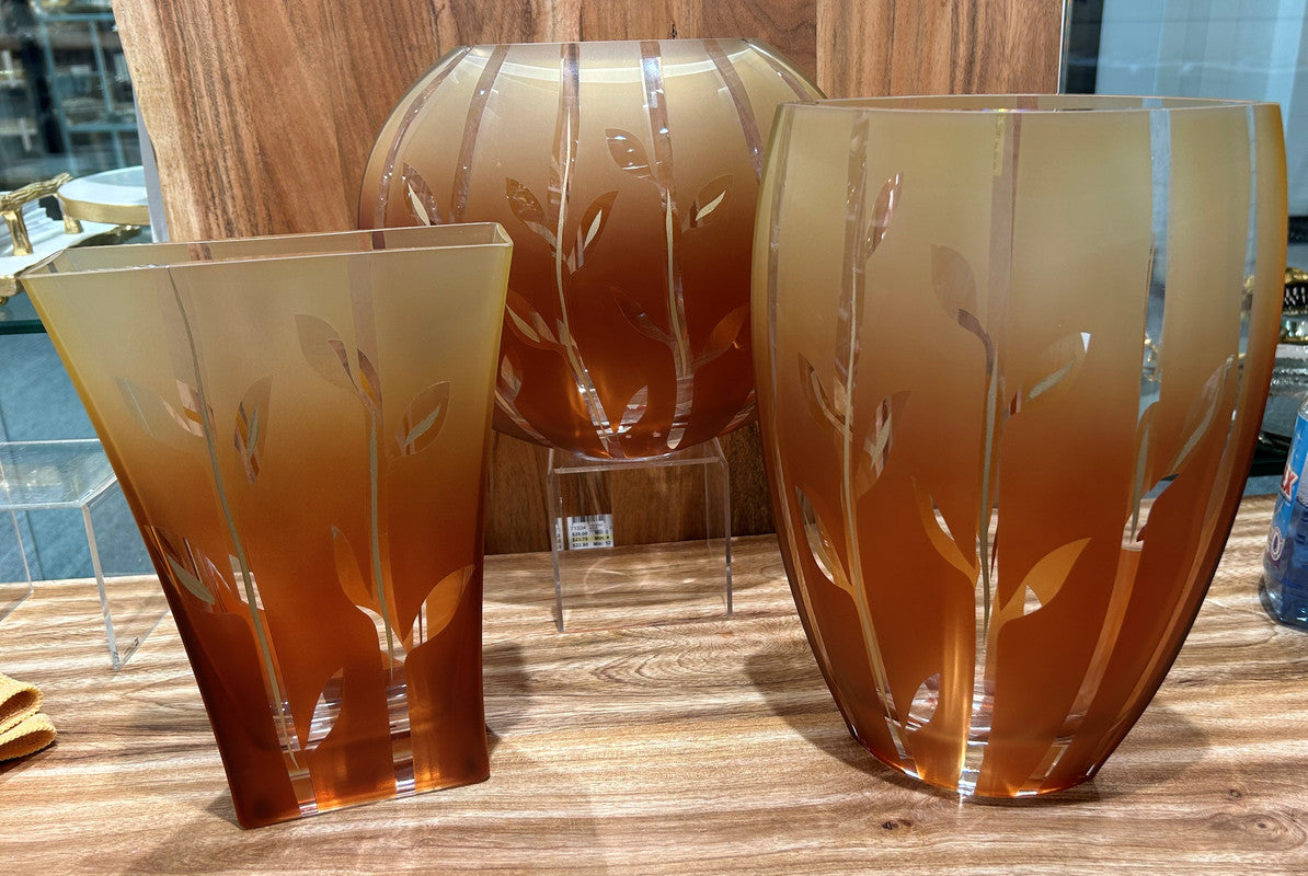 10" Brown Leaf Oval Lead Free Crystal Table Vase