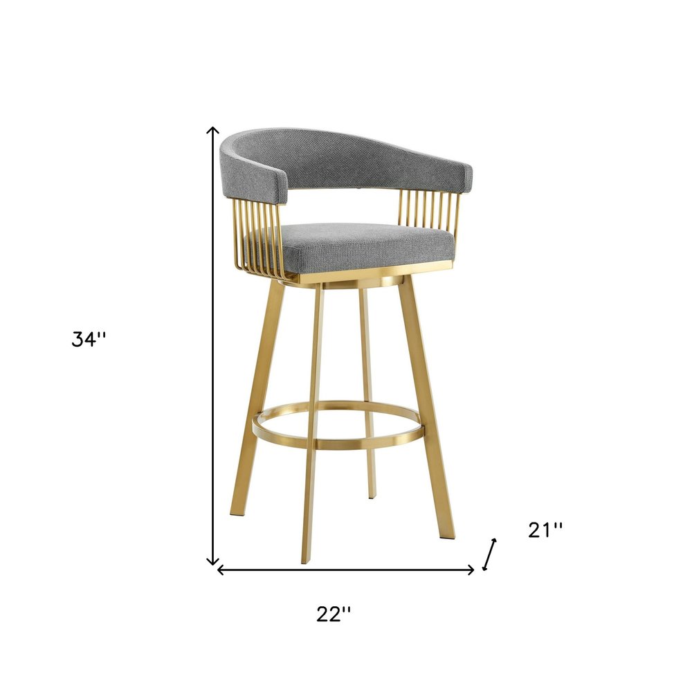 26" Gray and Gold Fabric and Stainless Steel Low Back Counter Height Swivel Bar Chair