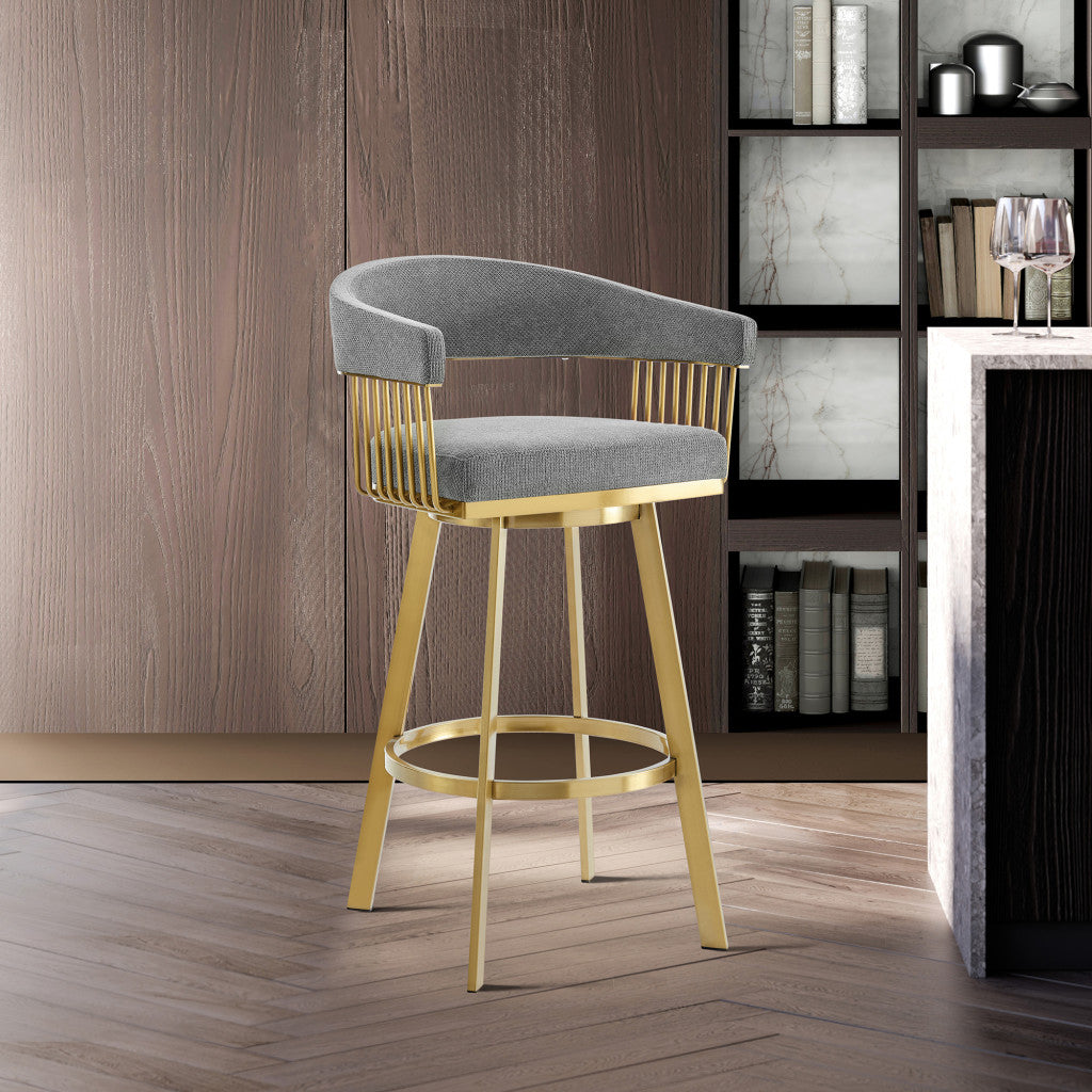 26" Gray and Gold Fabric and Stainless Steel Low Back Counter Height Swivel Bar Chair