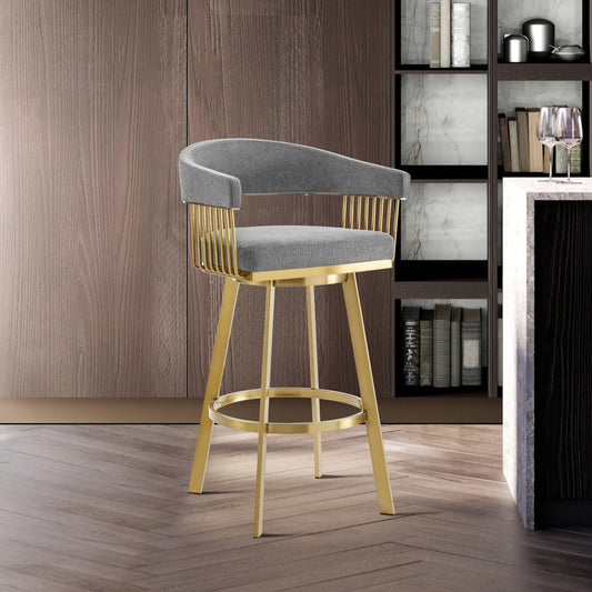 26" Gray and Gold Fabric and Stainless Steel Low Back Counter Height Swivel Bar Chair