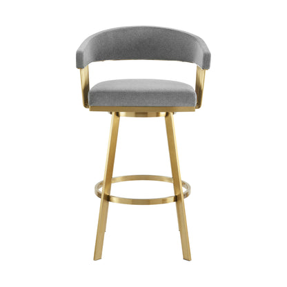 26" Gray and Gold Fabric and Stainless Steel Low Back Counter Height Swivel Bar Chair
