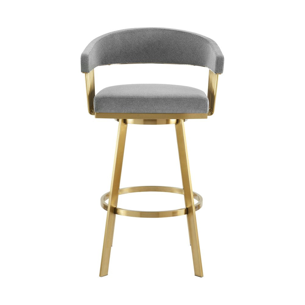 26" Gray and Gold Fabric and Stainless Steel Low Back Counter Height Swivel Bar Chair