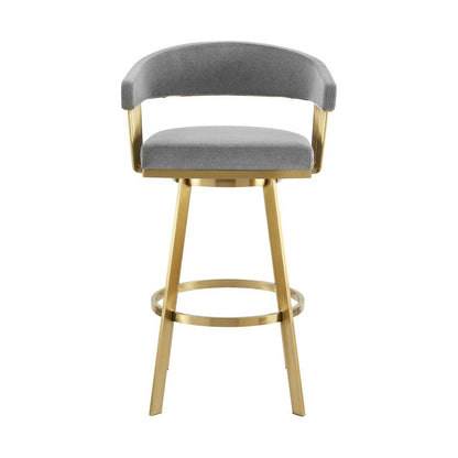 26" Gray and Gold Fabric and Stainless Steel Low Back Counter Height Swivel Bar Chair
