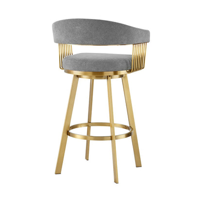 26" Gray and Gold Fabric and Stainless Steel Low Back Counter Height Swivel Bar Chair