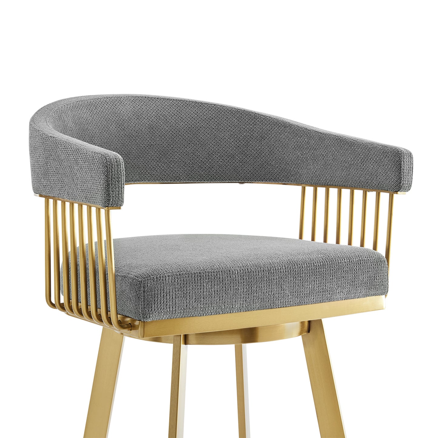 26" Gray and Gold Fabric and Stainless Steel Low Back Counter Height Swivel Bar Chair