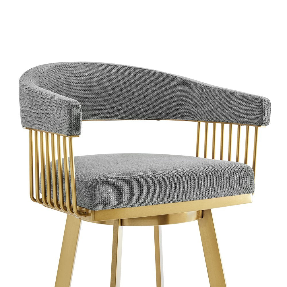 26" Gray and Gold Fabric and Stainless Steel Low Back Counter Height Swivel Bar Chair