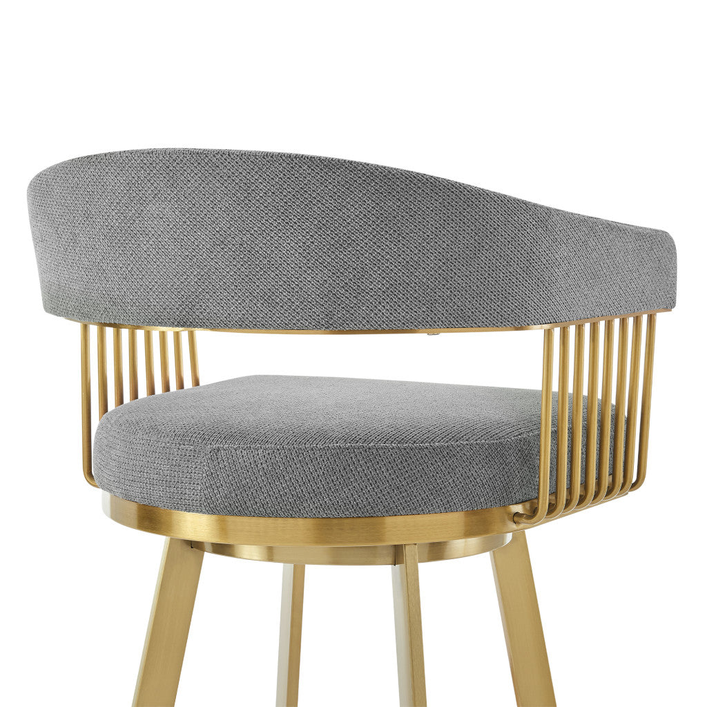 26" Gray and Gold Fabric and Stainless Steel Low Back Counter Height Swivel Bar Chair