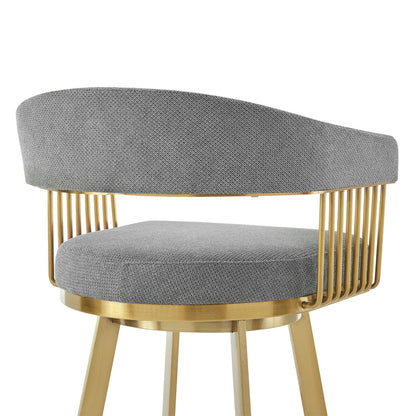 26" Gray and Gold Fabric and Stainless Steel Low Back Counter Height Swivel Bar Chair