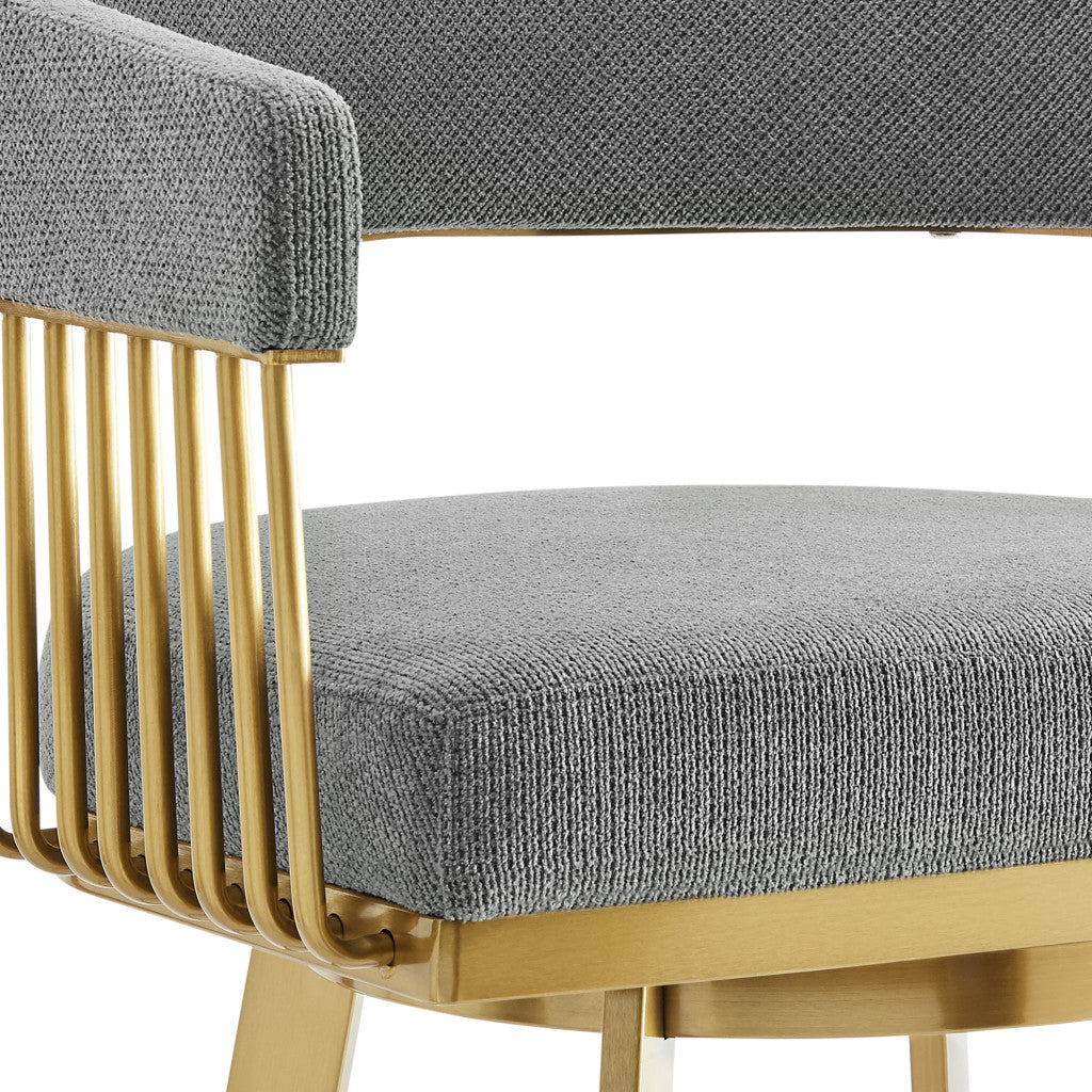 26" Gray and Gold Fabric and Stainless Steel Low Back Counter Height Swivel Bar Chair