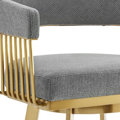 26" Gray and Gold Fabric and Stainless Steel Low Back Counter Height Swivel Bar Chair
