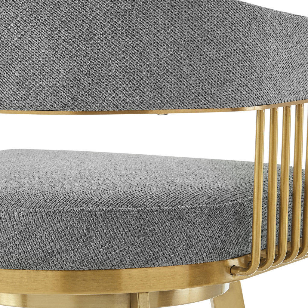26" Gray and Gold Fabric and Stainless Steel Low Back Counter Height Swivel Bar Chair