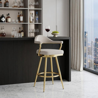 30" Taupe and Gold Fabric and Stainless Steel Bar Height Swivel Bar Chair