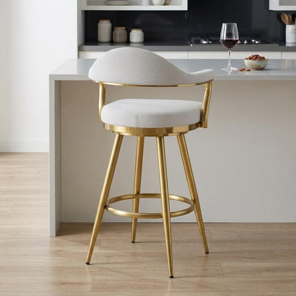 26" Silver and Gold Fabric and Stainless Steel Counter Height Swivel Bar Chair