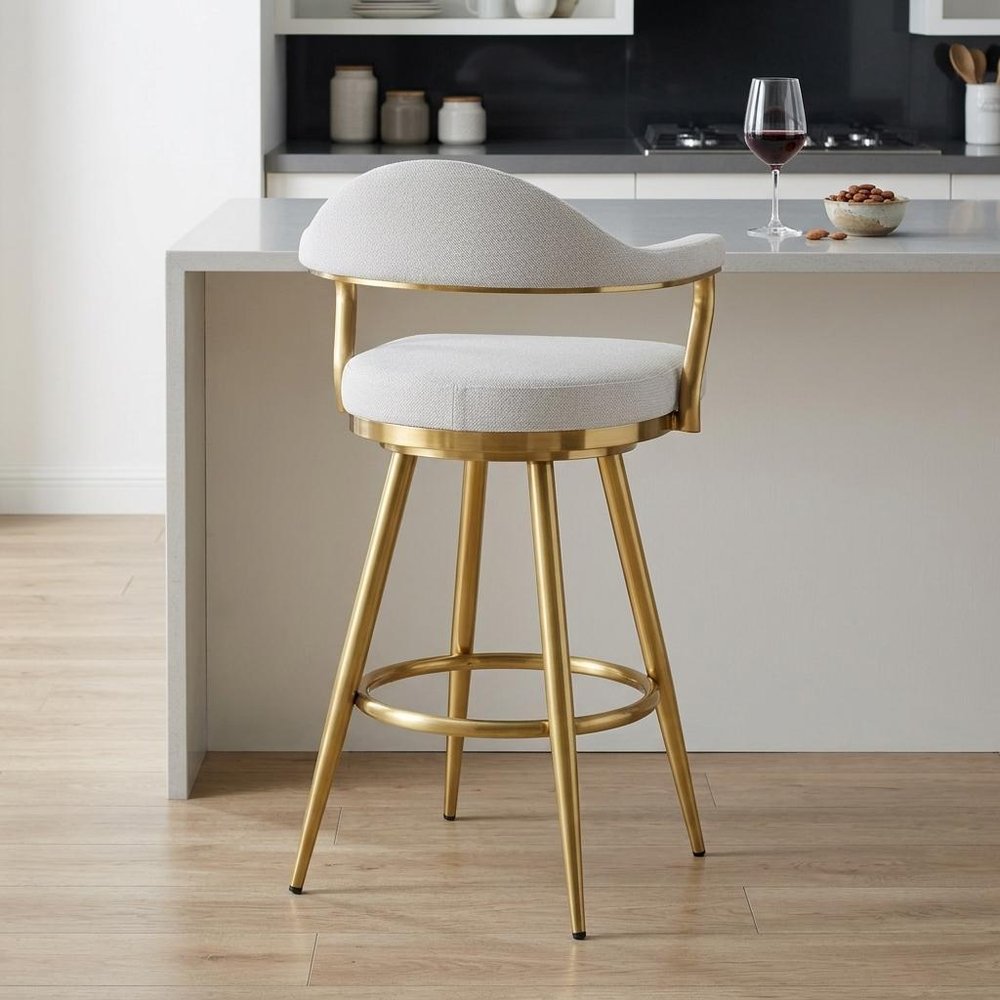 26" Silver And Gold Fabric And Steel Low Back Counter Height Swivel Bar Chair