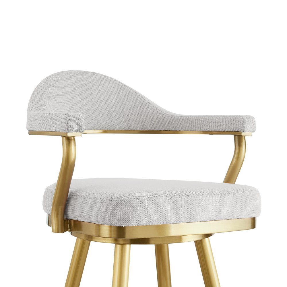 26" Silver And Gold Fabric And Steel Low Back Counter Height Swivel Bar Chair
