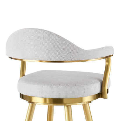 26" Silver And Gold Fabric And Steel Low Back Counter Height Swivel Bar Chair