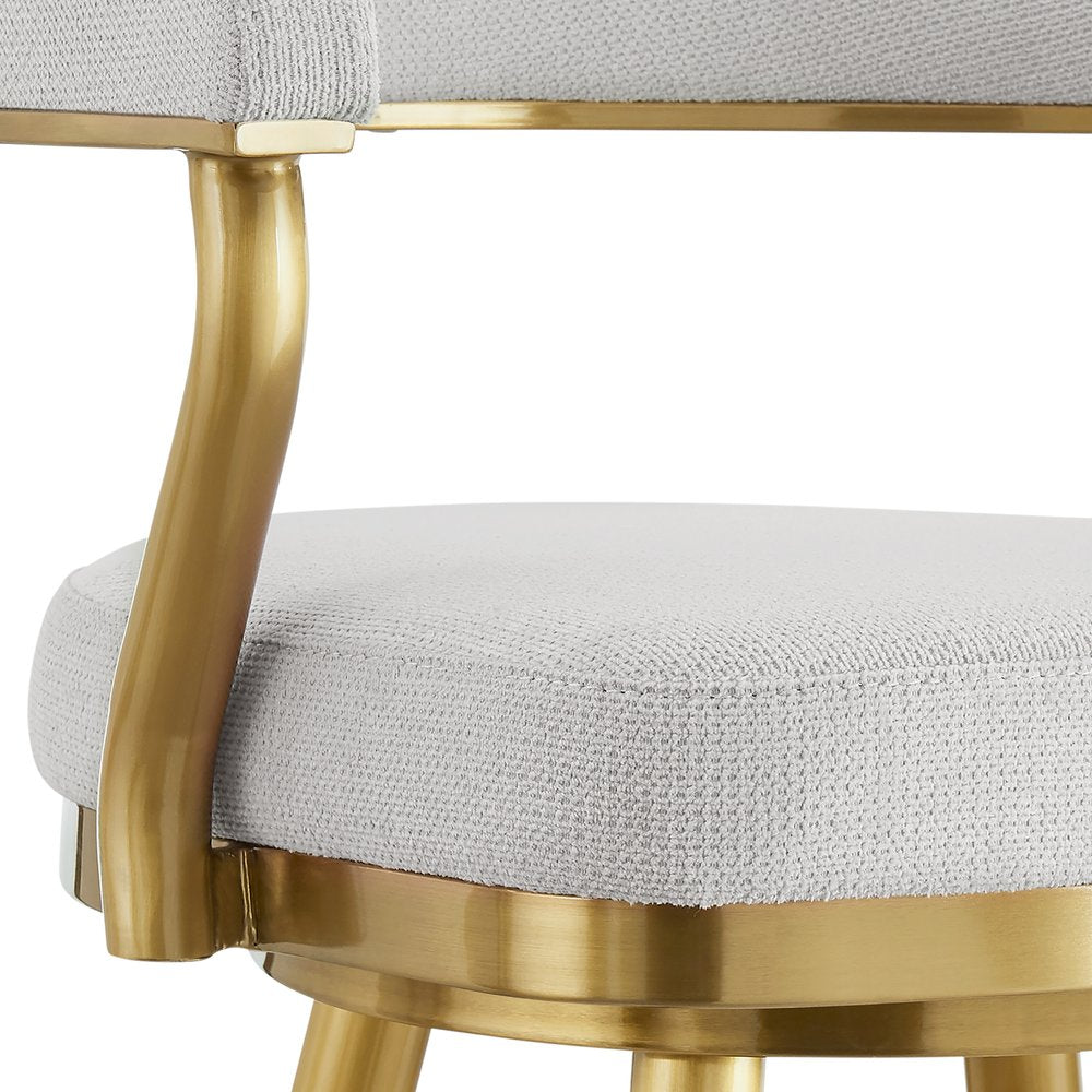 26" Silver And Gold Fabric And Steel Low Back Counter Height Swivel Bar Chair
