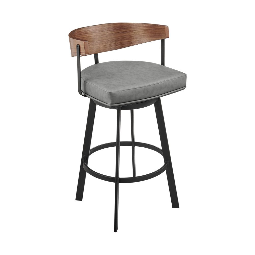 30" Gray Brown And Black Faux Leather And Iron Low Back Bar Height Swivel Bar Chair