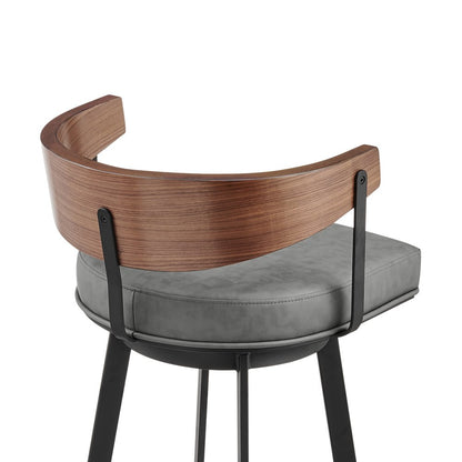 30" Gray Brown And Black Faux Leather And Iron Low Back Bar Height Swivel Bar Chair