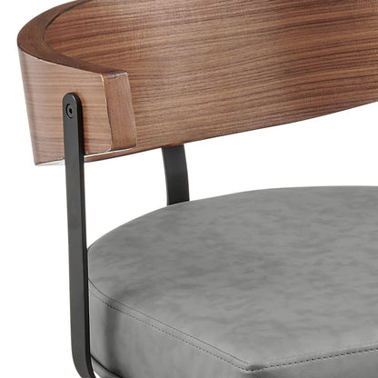 30" Gray Brown And Black Faux Leather And Iron Low Back Bar Height Swivel Bar Chair