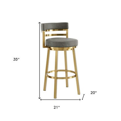 26" Gray and Gold Faux Leather and Stainless Steel Low Back Counter Height Swivel Bar Chair