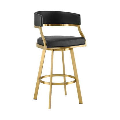 30" Black and Gold Faux Leather and Stainless Steel Low Back Bar Height Swivel Bar Chair