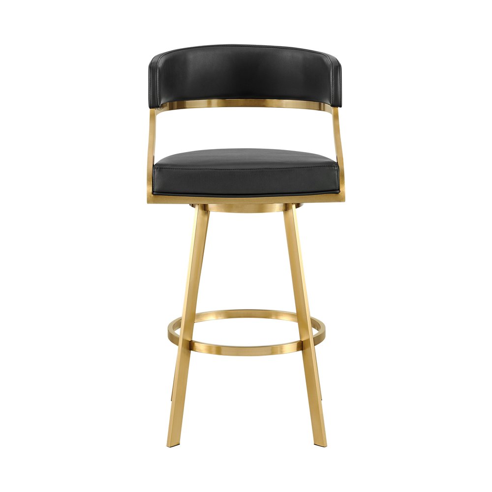 30" Black and Gold Faux Leather and Stainless Steel Low Back Bar Height Swivel Bar Chair