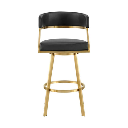 30" Black and Gold Faux Leather and Stainless Steel Low Back Bar Height Swivel Bar Chair