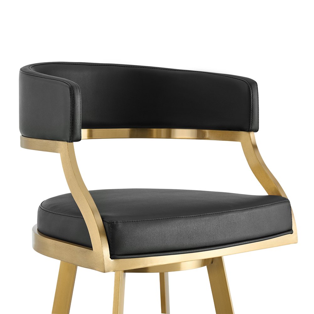 30" Black and Gold Faux Leather and Stainless Steel Low Back Bar Height Swivel Bar Chair