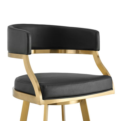 30" Black and Gold Faux Leather and Stainless Steel Low Back Bar Height Swivel Bar Chair