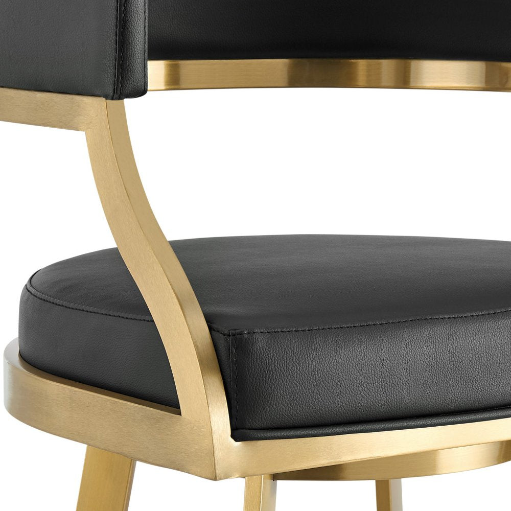 30" Black and Gold Faux Leather and Stainless Steel Low Back Bar Height Swivel Bar Chair