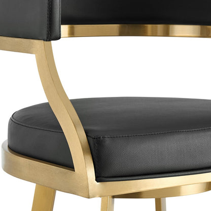 30" Black and Gold Faux Leather and Stainless Steel Low Back Bar Height Swivel Bar Chair