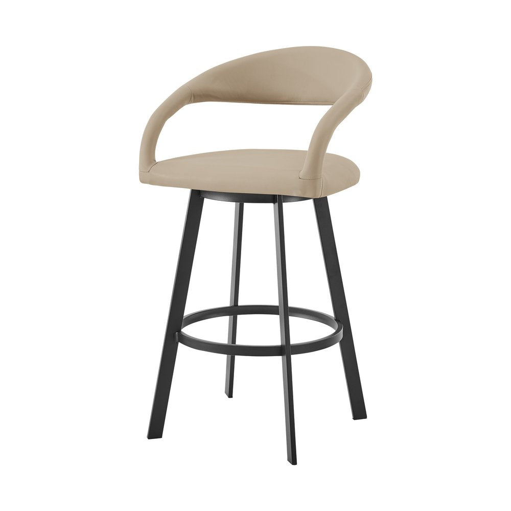26" Beige And Black Faux Leather And Iron Low Back Counter Height Swivel Bar Chair