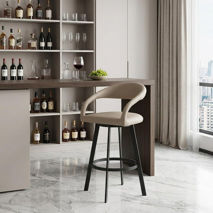 30" Beige and Black Faux Leather and Iron Low Back Bar Height Swivel Bar Chair