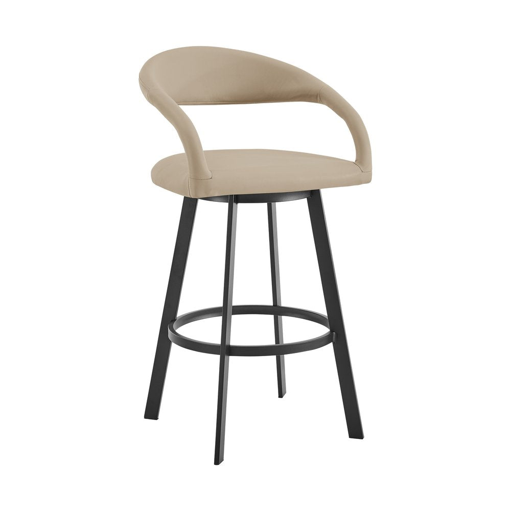 30" Beige And Black Faux Leather And Iron Low Back Bar Height Swivel Bar Chair
