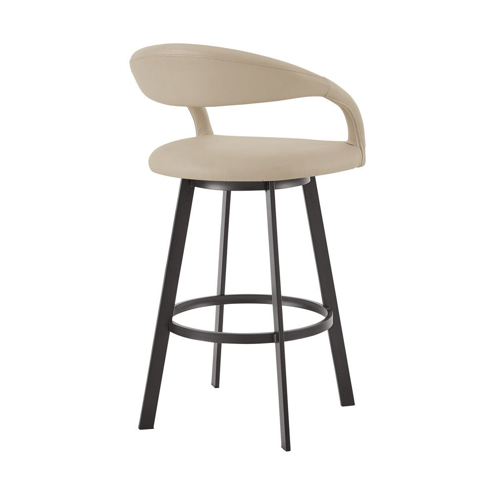 30" Beige And Black Faux Leather And Iron Low Back Bar Height Swivel Bar Chair