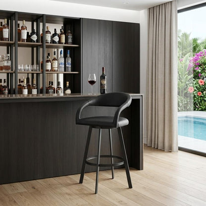 30" Black Faux Leather and Iron Low Back Bar Height Swivel Bar Chair