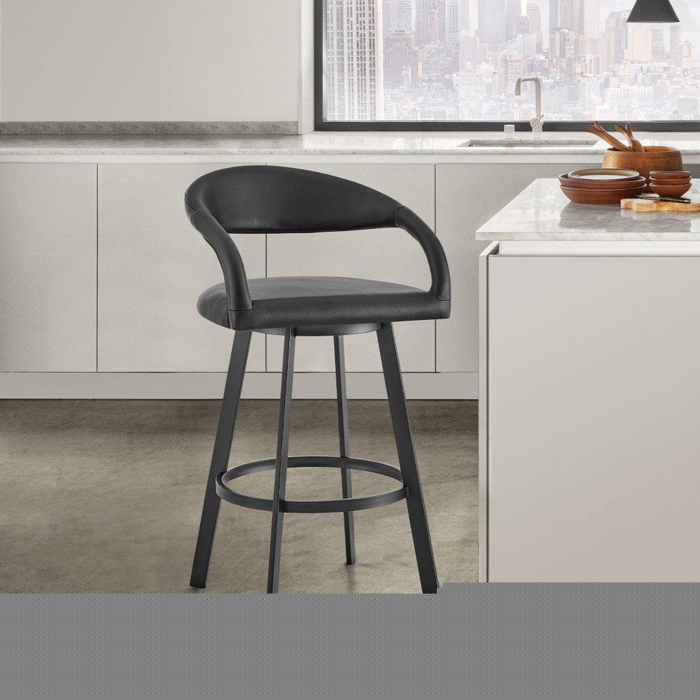30" Black Faux Leather and Iron Low Back Bar Height Swivel Bar Chair