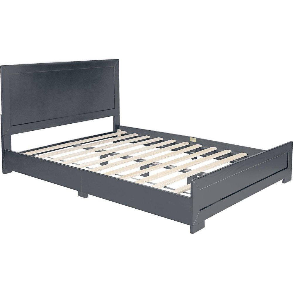 Gray Inlaid Panels Wood Queen Bed Frame