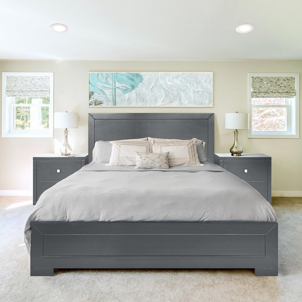 Gray Inlaid Panels Wood Queen Bed Frame