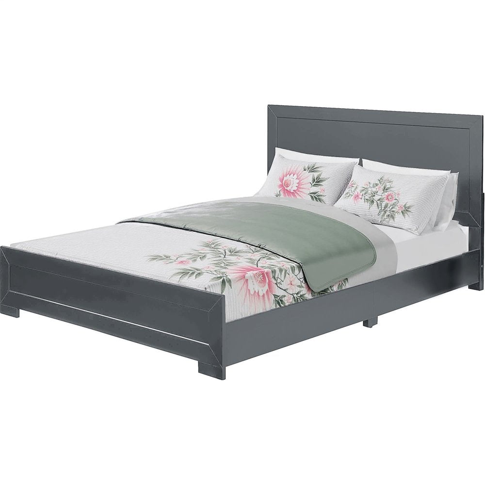 Gray Inlaid Panels Wood Queen Bed Frame