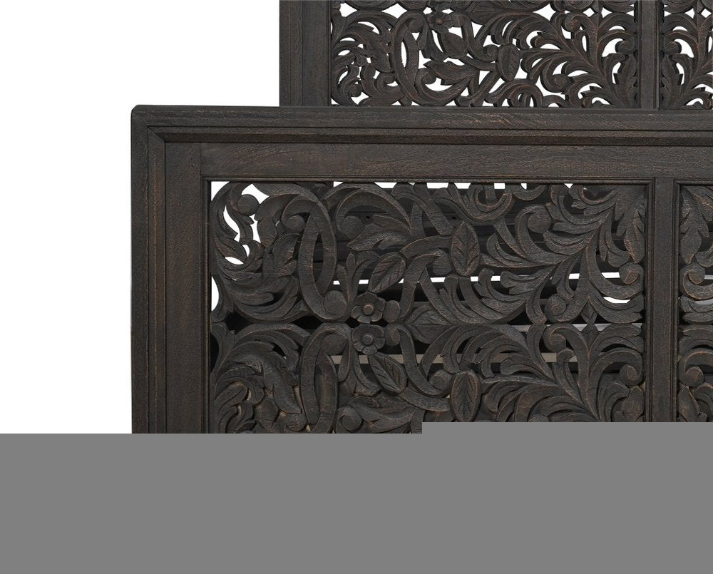 Gray Carved Scrollwork Distressed Solid Wood Queen Bed Frame