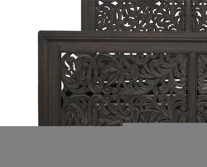 Gray Carved Scrollwork Distressed Solid Wood Queen Bed Frame