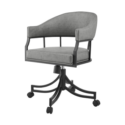 Gray And Black Upholstered Faux Leather Open Back Dining Arm Chair With Wheels