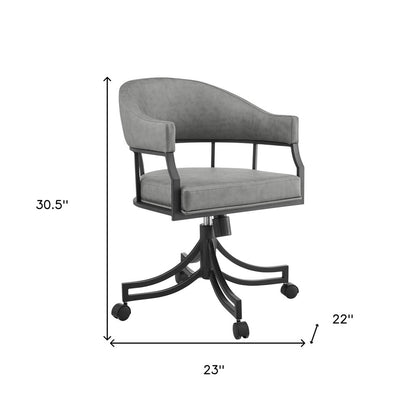 Gray And Black Upholstered Faux Leather Open Back Dining Arm Chair With Wheels