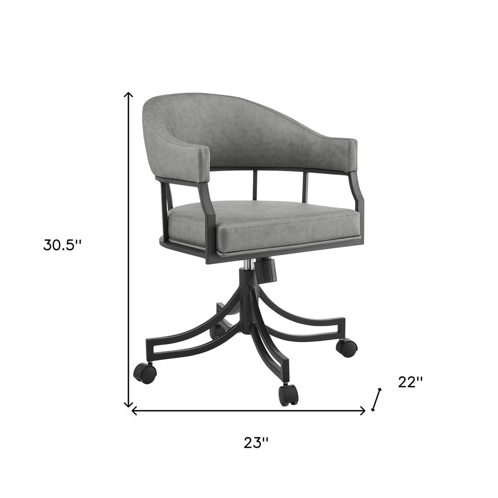 Gray And Black Upholstered Faux Leather Open Back Dining Arm Chair With Wheels