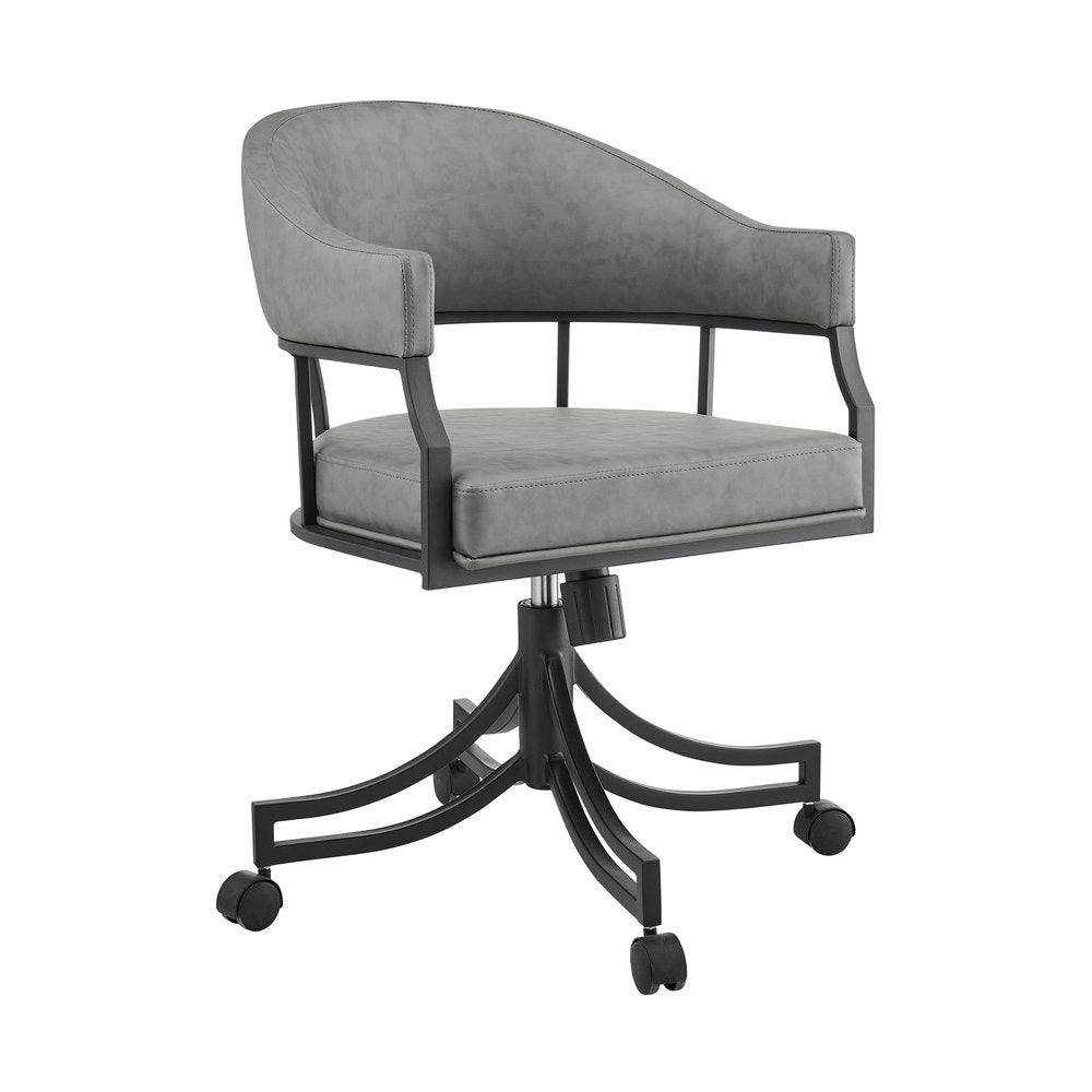 Gray And Black Upholstered Faux Leather Open Back Dining Arm Chair With Wheels